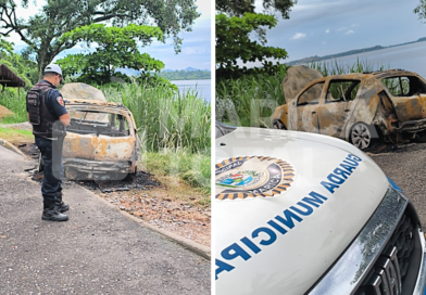Carro roubado é encontrado queimado próximo à Orla do Marine em São José