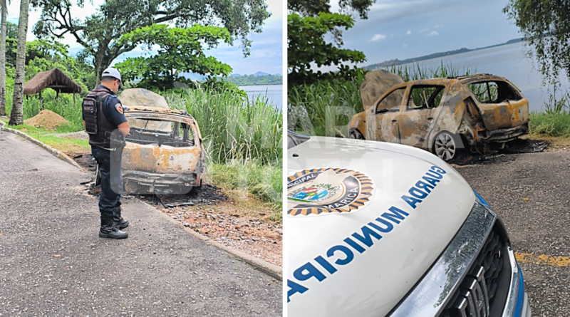 Carro roubado é encontrado queimado próximo à Orla do Marine em São José