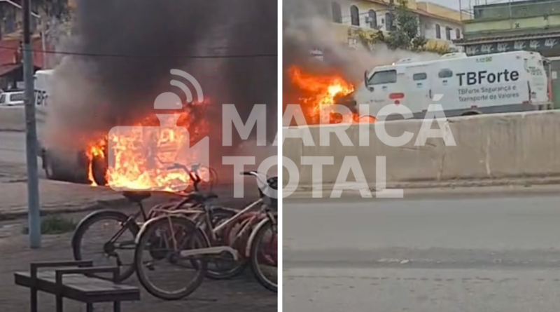 Carro-forte pega fogo às margens da RJ-106 em Inoã